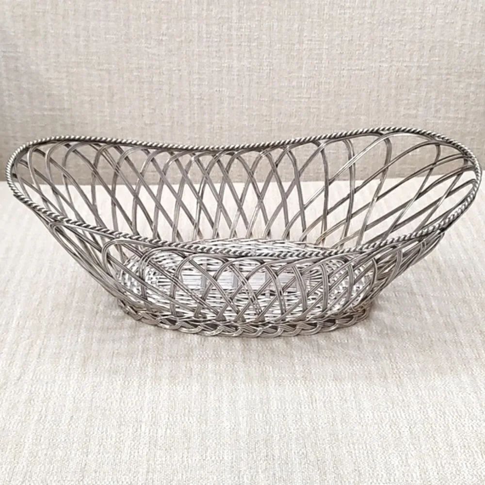 Silver Woven Metal Oval Basket Vintage